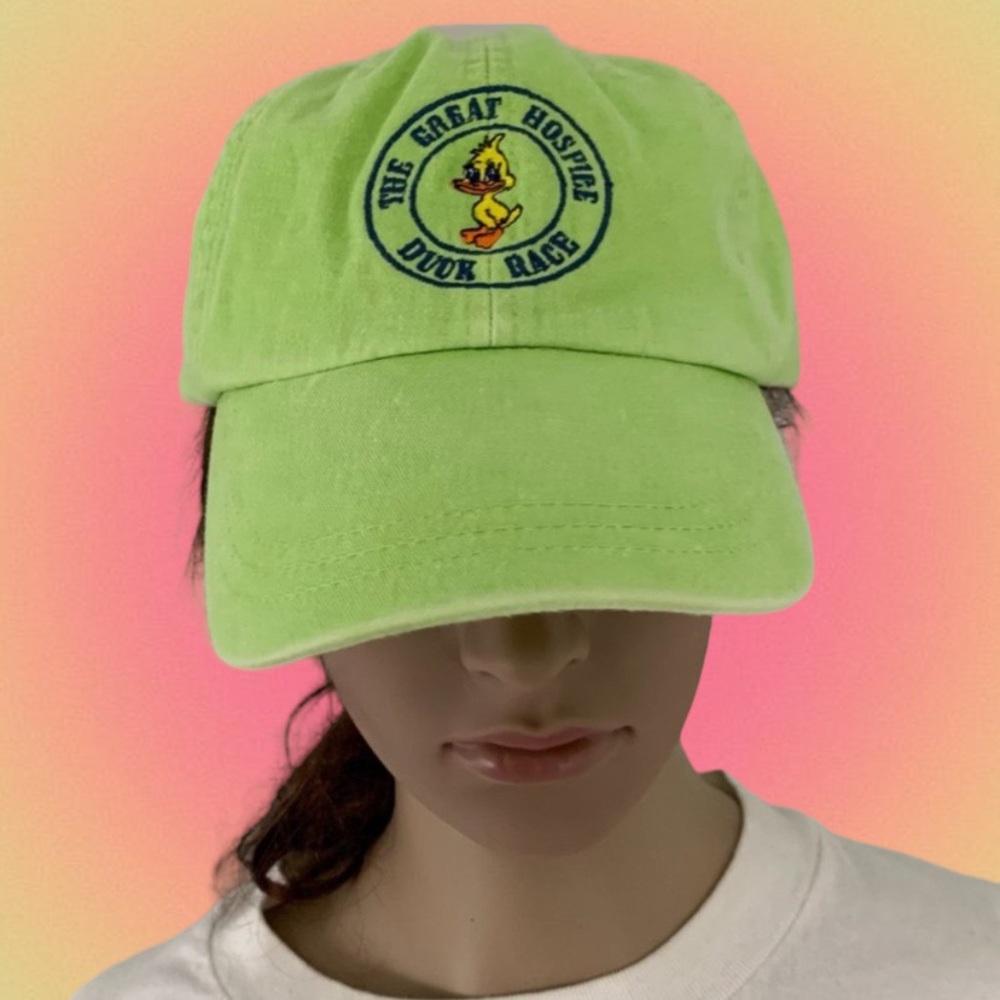 Vintage 90s Great Hospice Duck Race Neon Leather Strapback Dad Hat Embro…